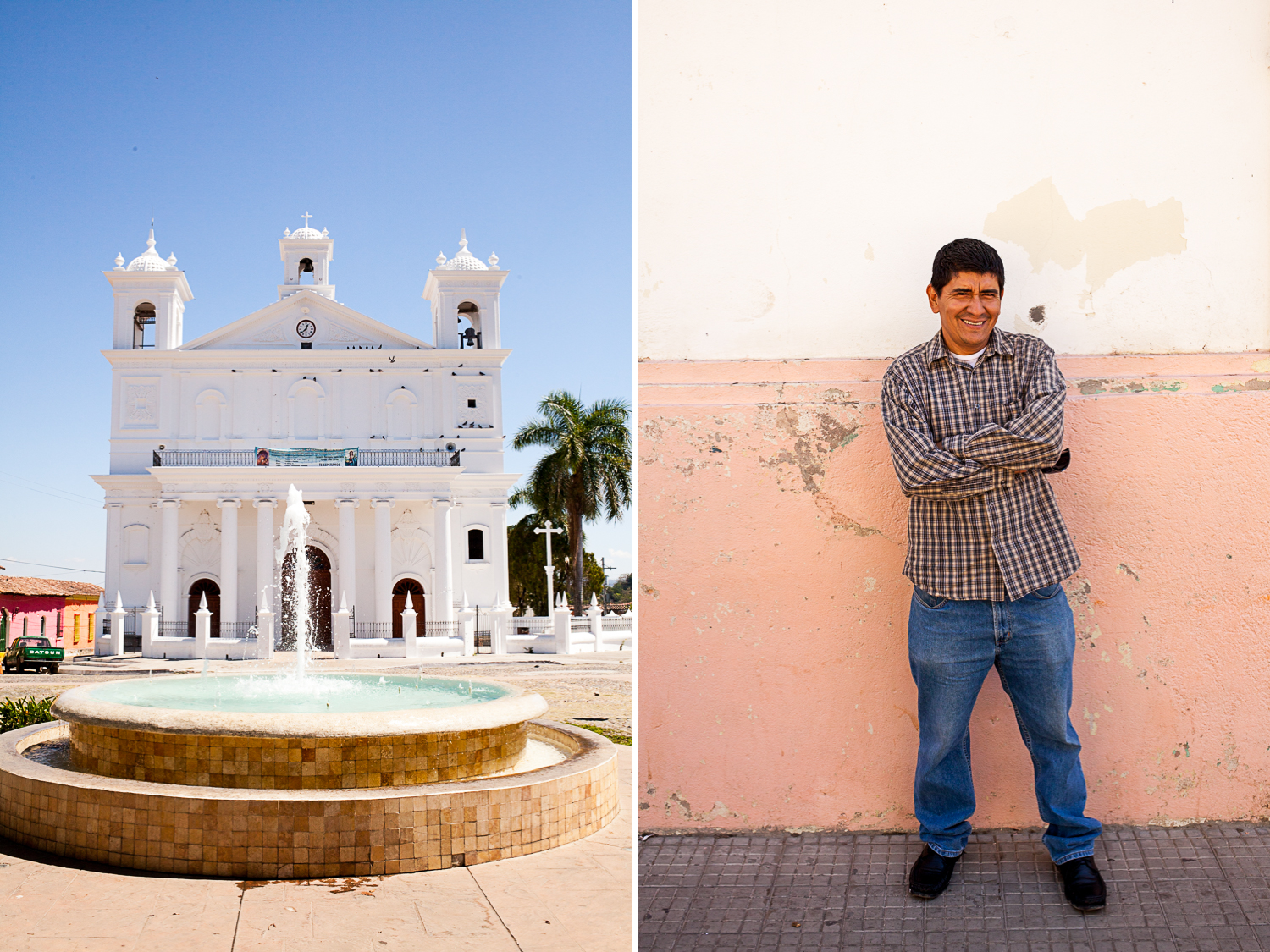 A church in Suchitoto and a man smiling